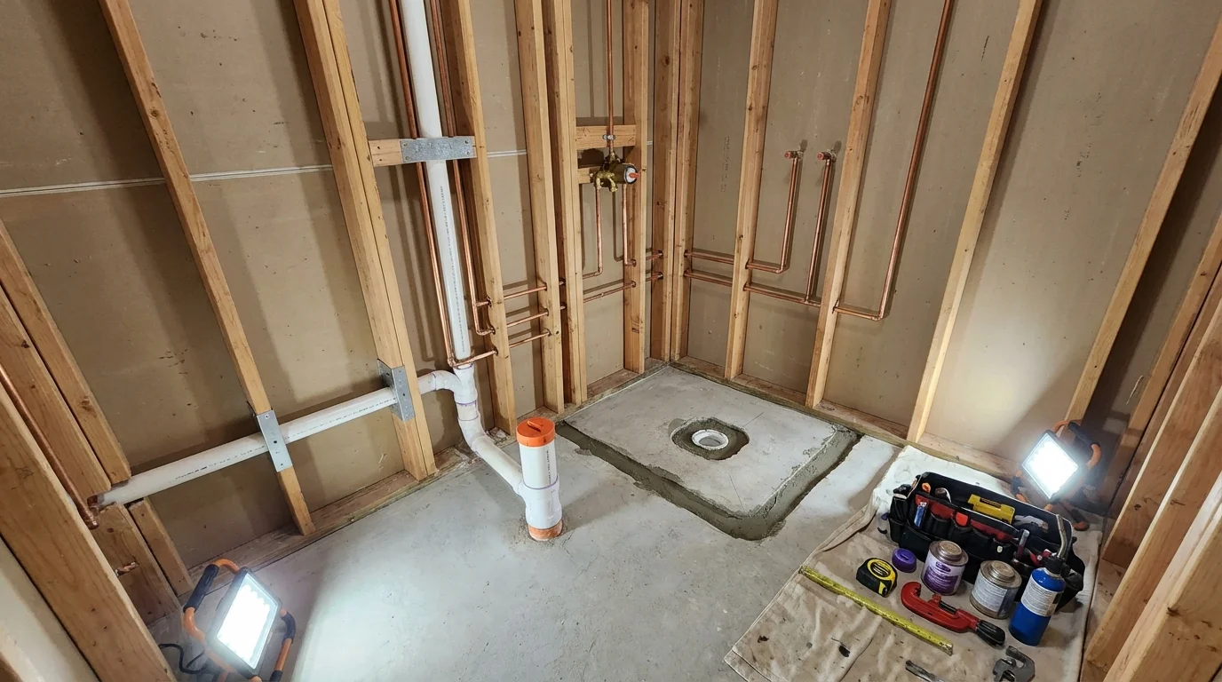 Bathroom rough-in plumbing during remodel by Johns Plumbing LLC in Carpinteria