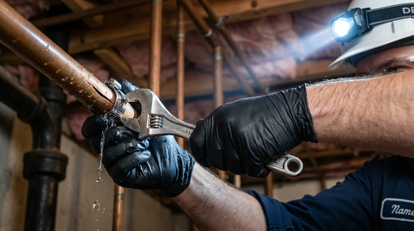 Emergency pipe clamp repair being performed by a Johns Plumbing LLC plumber in Carpinteria