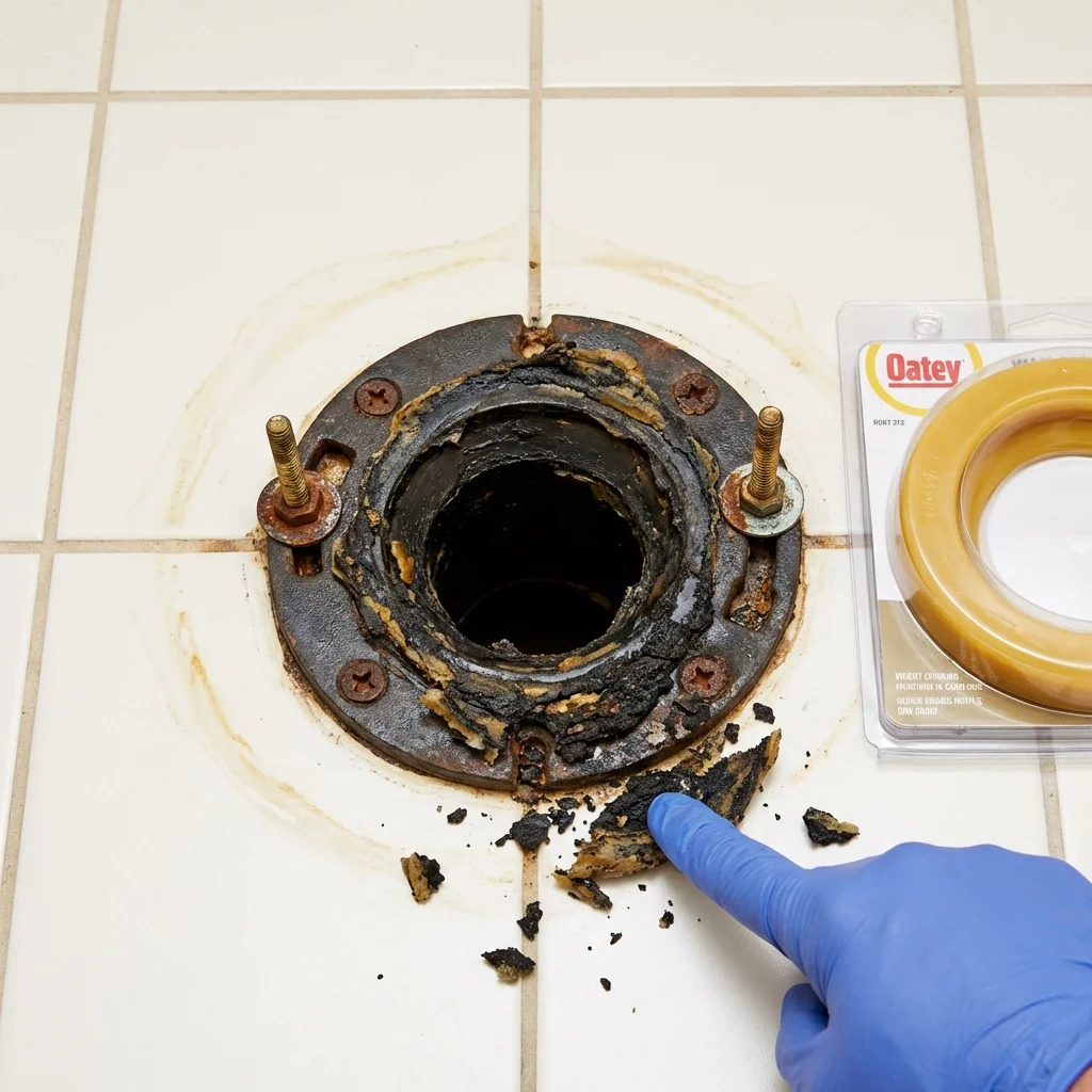 Failed wax ring showing water seepage at the base of a toilet in a Carpinteria, CA home