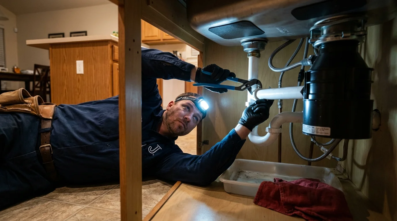 P-trap and supply line connections under a kitchen sink showing a common leak point in Carpinteria, CA